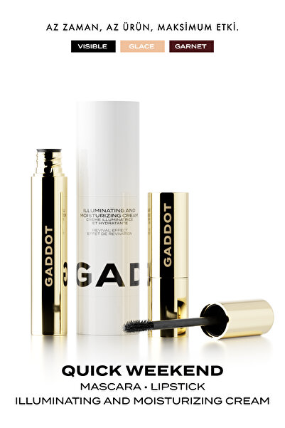Gaddot Quick Weekend – 3’lü Makyaj Seti: Suya Dayanıklı Maskara, Aydınlatıcı-Nemlendirici Krem, Bordo Ruj