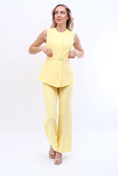 ÖNDER ÖZSOY Belted Vest & Wide Leg Pants Set-Yellow
