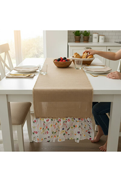 Bohem kutusu Tüllü Çiçekli Jüt Kumaş Dekoratif Runner - Tül 30 cm , Jut 125 cm