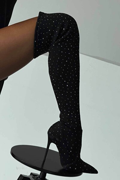 AYAKKABI PRENSİ Mindy Diz Üstü Streç SİYAH TAŞLI