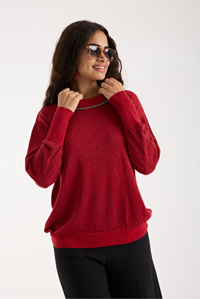 Moda Days Women's Red Viscose Vortex Yarn Stone Detailed Crew Neck Silvery Knitwear Blouse