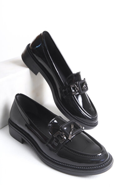 MARSEDO Women's Loafer Moccasin Buckle Classic Shoes Olia Black Patent Leather