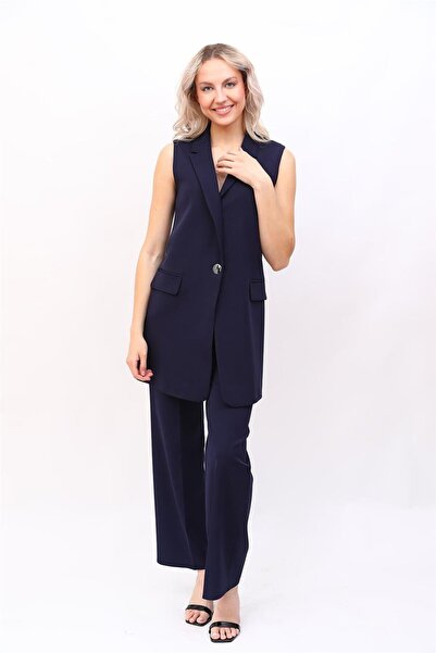 ÖNDER ÖZSOY Single Button Loose Vest & Wide Leg Pants Set-Navy Blue