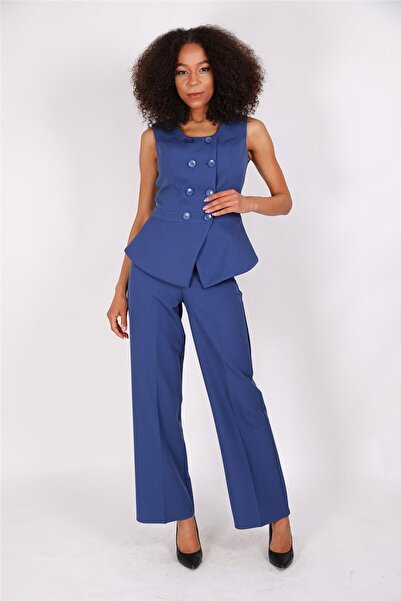 ÖNDER ÖZSOY Aller Vest & Wide Leg Pants Set-Indigo - 1515520