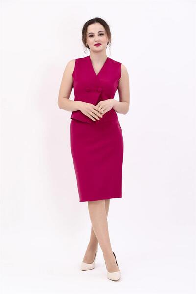 ÖNDER ÖZSOY Kruvaze Çapraz Yelek & Yırtmaçlı Düz Dar Etek-Bordo