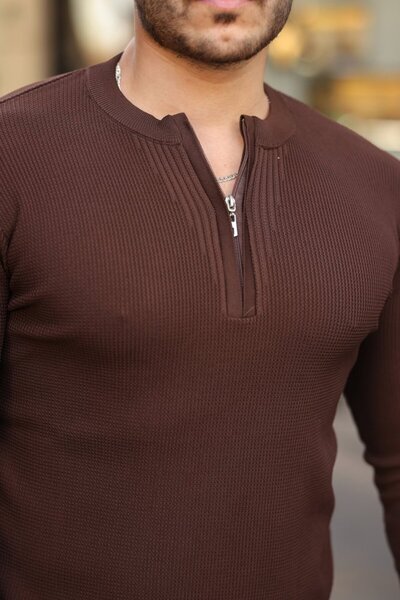 JANES Men's Zippered Crew Neck Textured Long Sleeve Knitwear