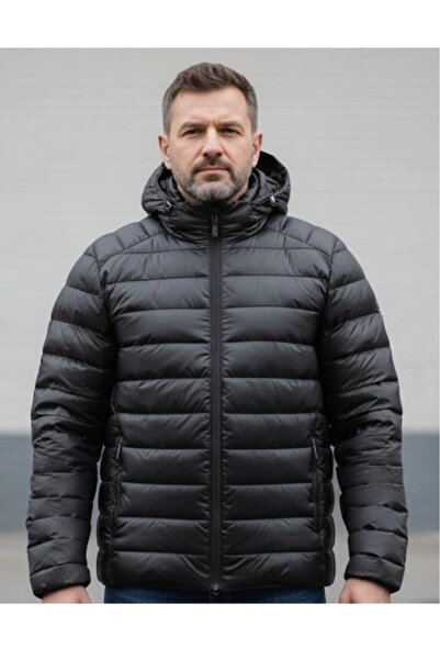 embody Men's fas quilted jacket Men's large size, with detachable hood, black zip pockets F07