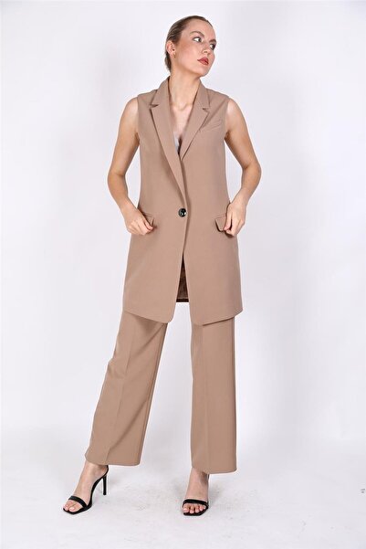 ÖNDER ÖZSOY Single Button Casual Vest & Wide Leg Pants Set - Stone - 1519520