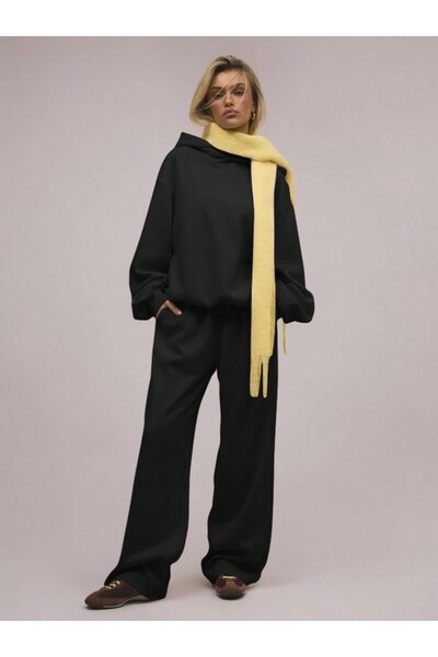 Kaptins Unisex Kapüşonlu Siyah Sweatshirt Kadin ve Erkek Rahat Kesim