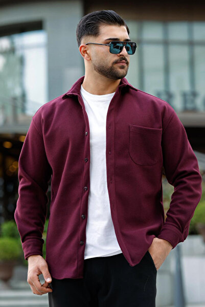 MENCOD Likralı Yarım Oversize Cepli Kaşe Gömlek