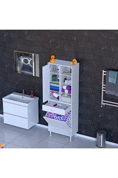 Modilayn Kayra 1 Çekmece 1 Kapak 1 Sepetli 8 Raflı Çok Amaçlı Dar Alan Banyo Dolabı Organizer 55x173x32,5 cm