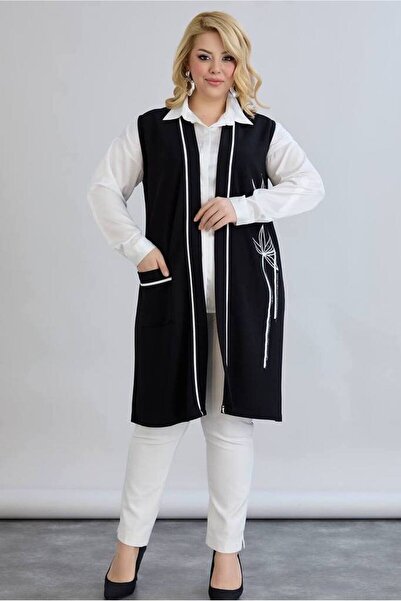 FOR ESRA BIG TREND Kadın Büyük Beden Taşlı Uzun Çiçek Baskı Ön Şerit Tek Cep Viskon Esnek Yelek