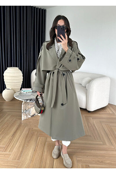 My Blog Haki Lucky Düğme Detaylı Oversize Trençkot-9476