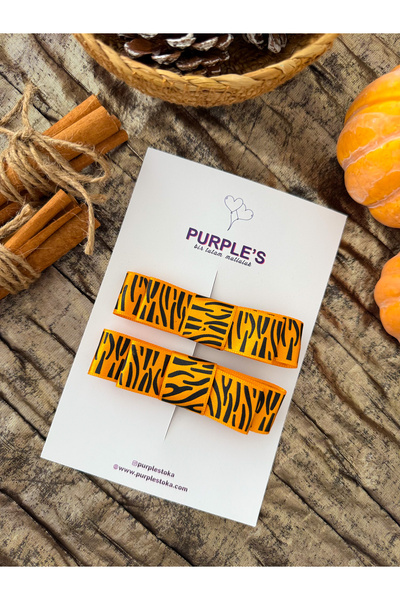 PURPLE'S BİR TUTAM MUTLULUK Orange Zebra Pattern Turumcu Bow Girl's Clip Buck...