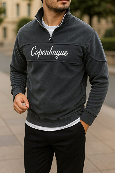 JR Boutique Erkek Yarım Fermuar Parça Detay Nakışlı Polar Sweatshirt
