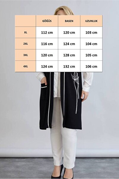 FOR ESRA BIG TREND Kadın Büyük Beden Taşlı Uzun Çiçek Baskı Ön Şerit Tek Cep Viskon Esnek Yelek