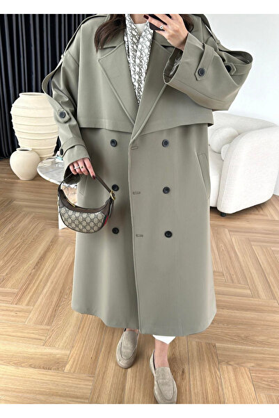 My Blog Haki Lucky Düğme Detaylı Oversize Trençkot-9476