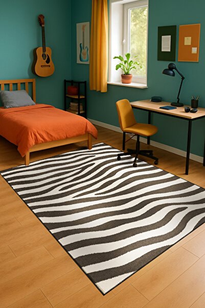 Rugs Modern Halı MOSSO Μαύρο-λευκό χαλί με κυματιστές γραμμές, υφαντό, μοντέρ...