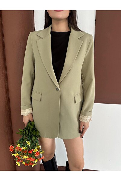 vesantia Kadın Haki Dabıl Kumaş Çizgili Desen Astar Detaylı Tek Düğmeli Blazer Ceket