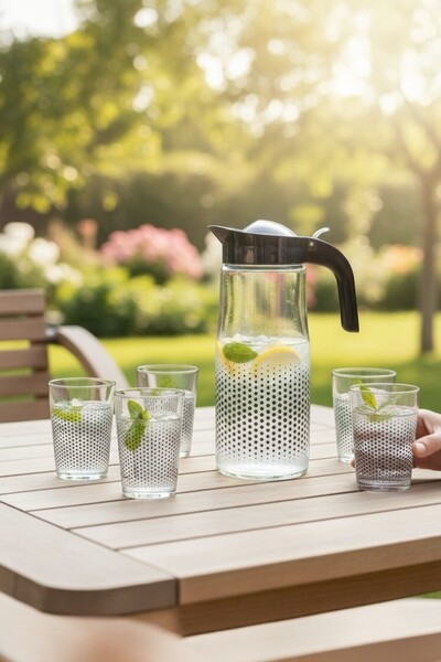 AKBELLİ GROUP 1.5 Lt Kapaklı Cam Su Takımı Sürahi 7 Parça Set