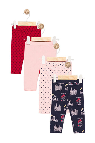 Divonette Kız Bebek 4’lü Likralı Pamuklu (6-24 Ay) Lastikli Bel Pembe Desenli Yumuşak Tayt