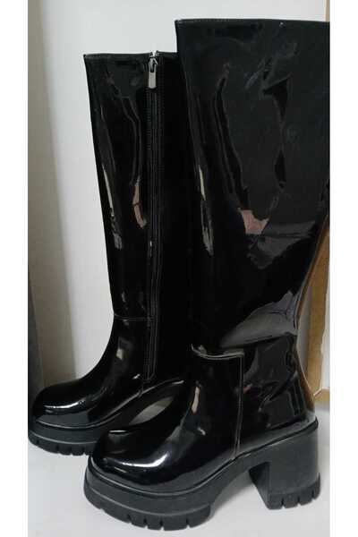 bescobel Women's Black Patent Leather Monda Platform High Heel Leather Look Below-The-Knee Boots