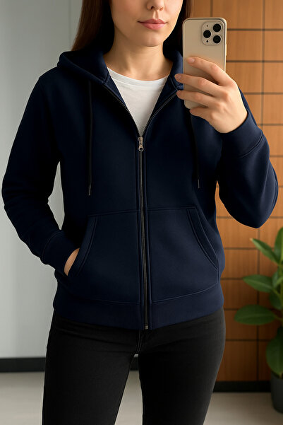 BRLKN Kadın Kapüşon Detay Fermuarlı Hırka