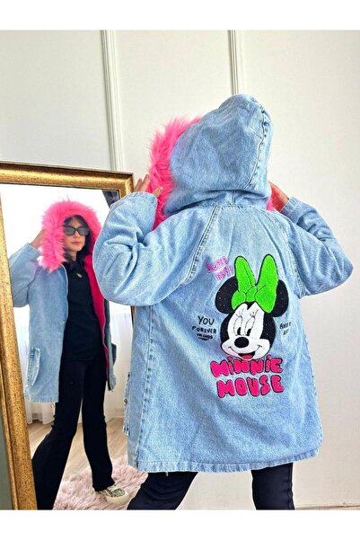 MUMİKİDS Kapüşonlu Peluşlu Kız Çocuk Kürklü Arkası Nakış - İşlemeli Kot Mont
