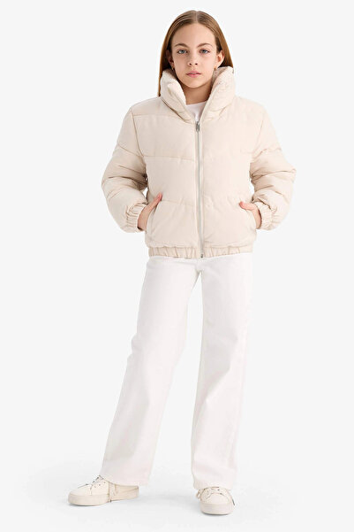 DeFacto C5390 Ecru Girl's Plush Lined Zippered Puffer Jacket