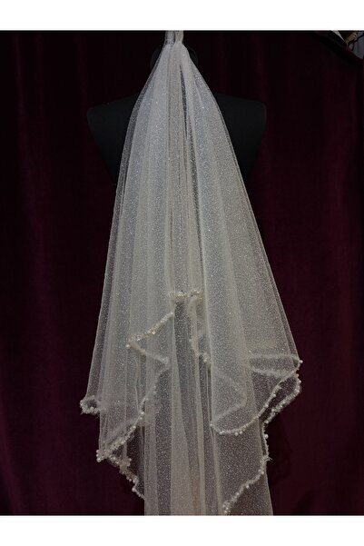Tasarım İncili Boncuk Kenarlı Simli Nikah Düğün Gelin İçin Duvak (150cm)