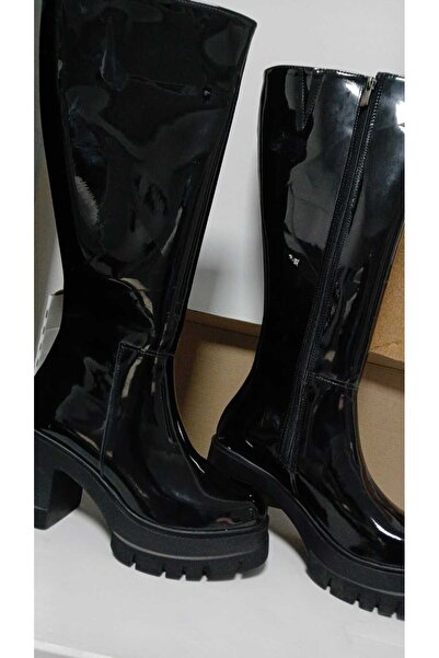 bescobel Women's Black Patent Leather Monda Platform High Heel Leather Look Below-The-Knee Boots