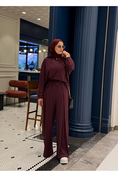 Aselim Hijap Moda Σετ δύο τεμαχίων από ύφασμα ελαφριάς αφής με πλισέ φαρδιά πόδια – Σετ χιτζάμπ χωρίς εποχή (μέγεθος 36-50) Βουργουνδία