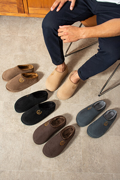 FootFrenzy Merdane Çizgili Peluş Kumaş İçi Tüylü Kaydırmaz Taban Erkek Ev Terliği