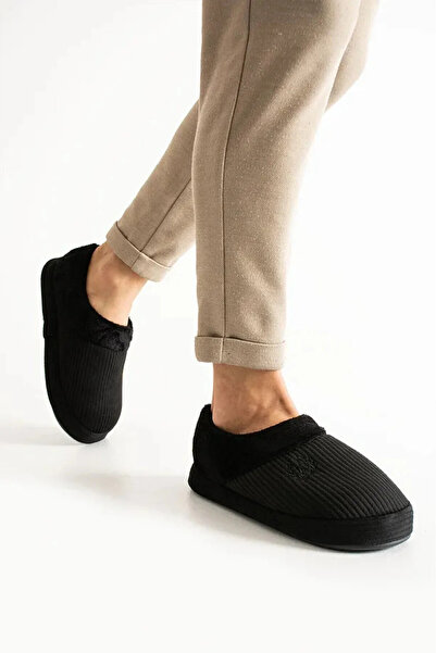 FootFrenzy Erkek Panduf Bohça Fitilli Kadife Kumaş Nakışlı Rahat Yumuşak Taban Kürklü Ev İçi Ayakkabı