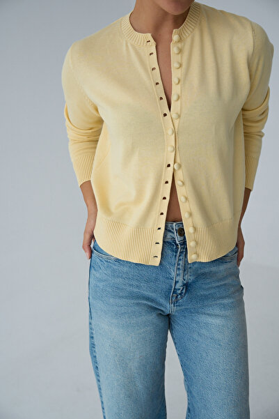 LOOSH Kadın Sarı Bisiklet Yaka Düğmeli Basic Hırka