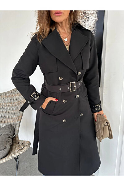 GAMZE ALPTEKİN Siyah Waterproof Trençkot Maxi Boy Uzun Boy Trençkot Su Geçirmez İthal Kumaş