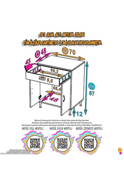 Modilayn BİRCE XL-70 x 87 x 48 cm Kapaklı Set Ocak Altı Çok Amaçlı Mutfak & Banyo Dolabı