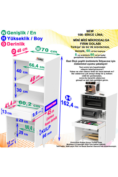 Modilayn BİRCE LİNA XL-70 x 162,4 x 48 cm MİNİ MİDİ MİKRODALGA FIRIN DOLABI 1 ÇEKMECE 2 KAPAK 4 GÖZ RAFLI