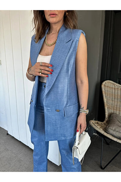 GAMZE ALPTEKİN Fabric Suit Linen Finish Vest Pants Suit Blue