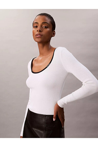 Calvin Klein Women's Round Neck Slim Fit Long Sleeve White Sweater Lv044D360G...