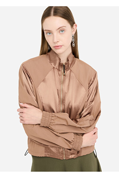 Liu Jo Kadın Rahat Kalıp Dik Yaka Uzun Kollu Saten Bomber Kahverengi Ceket TF5019T3767-81324