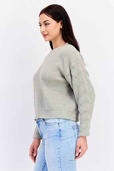Poof Women Crew Neck Knitted Sweater, Sage Green