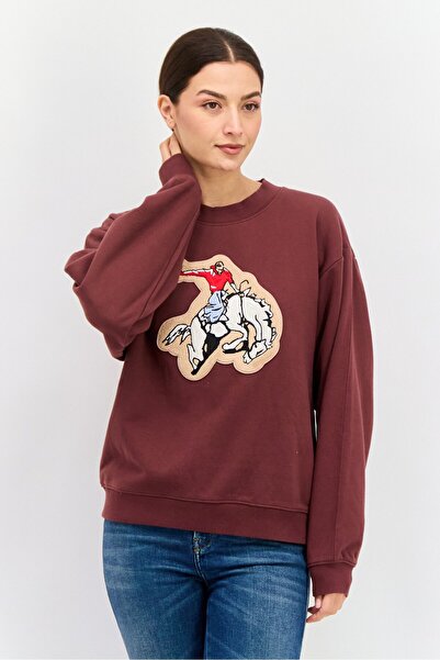WRANGLER Women Crew Neck Long Sleeves Embroidered Sweatshirt, Brown