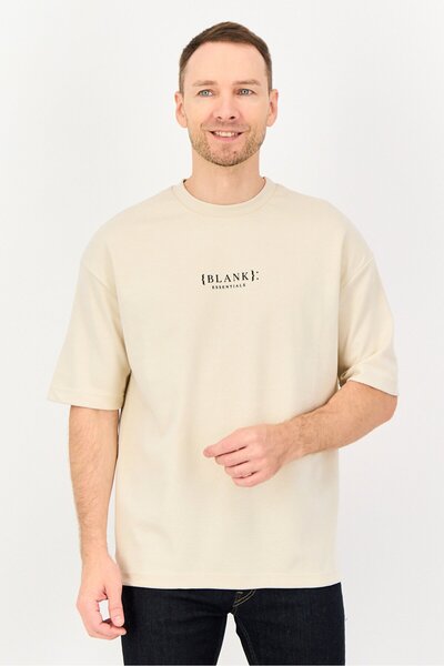 BLANK ESSENTIALS Men Crew Neck Short Sleeve Brand Logo T-Shirt, Beige