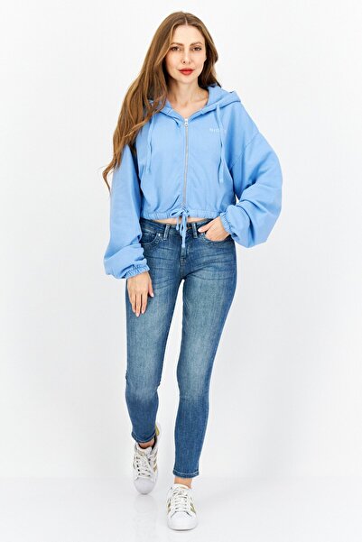 Nicce Women Long Sleeve Full Zip Crop Hoodie, Light Blue