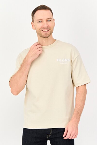 BLANK ESSENTIALS Men Crew Neck Short Sleeve Brand Logo T-Shirt, Beige