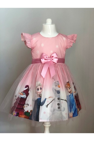 MiniBal Baskılı Karakter Kız Çocuk Doğum Günü Parti Elbise 4-8 Yaş