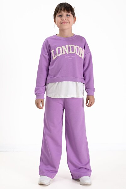 Cansın Mini Σετ φαρδιά φόρμα για κορίτσια με κεντημένη γραφή Mor London 22725