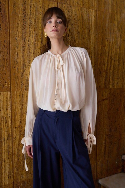 Duruvia boutique Kadın Ekru Şifon Bağlama Detaylı Gömlek Bluz