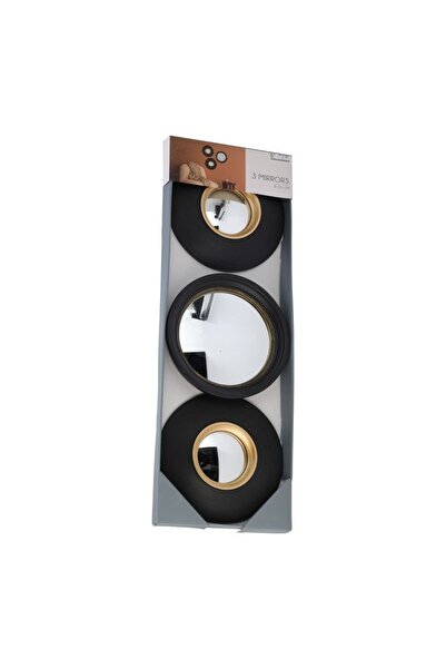 Gift Design Set de 3 oglinzi decorative rotunde cu rame negre și detalii aurii, 25,5 cm